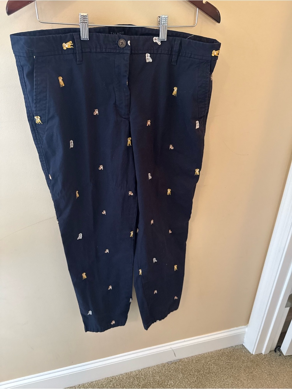 Talbots Relaxed Chino pant Embroidered Summer Dogs Critter navy size 14P